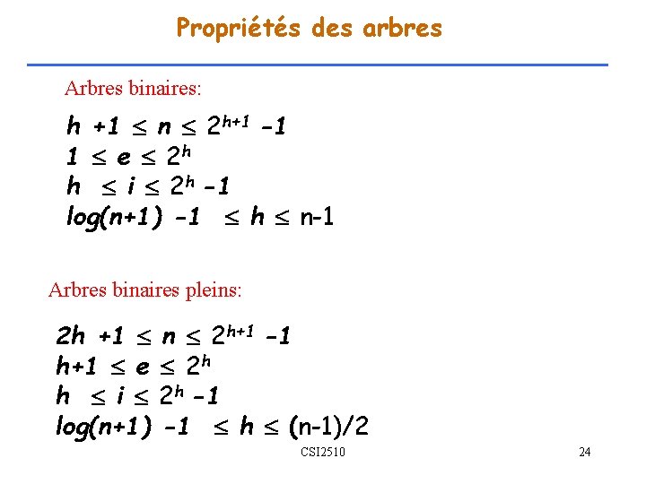 Propriétés des arbres Arbres binaires: h +1 n 2 h+1 -1 1 e 2