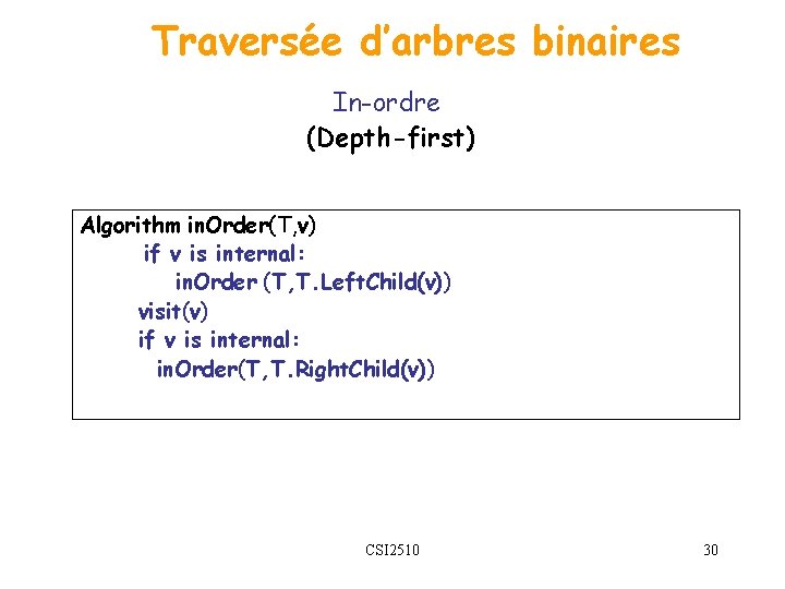 Traversée d’arbres binaires In-ordre (Depth-first) Algorithm in. Order(T, v) if v is internal: in.
