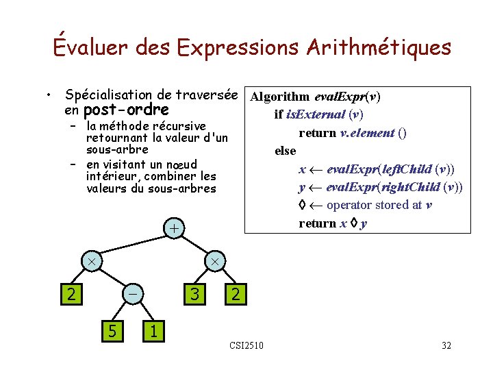 Évaluer des Expressions Arithmétiques • Spécialisation de traversée Algorithm eval. Expr(v) en post-ordre if