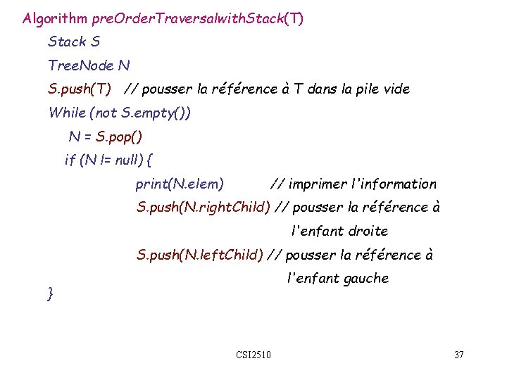 Algorithm pre. Order. Traversalwith. Stack(T) Stack S Tree. Node N S. push(T) // pousser