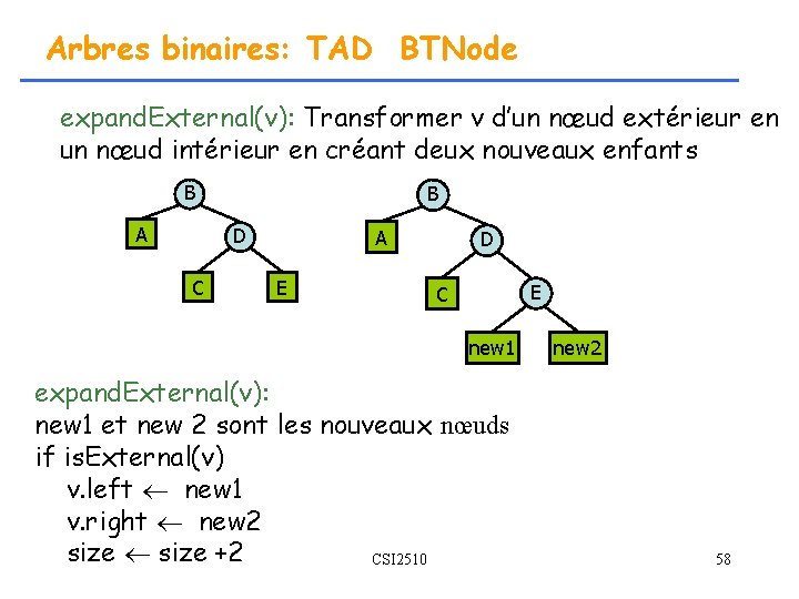 Arbres binaires: TAD BTNode expand. External(v): Transformer v d’un nœud extérieur en un nœud