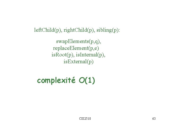 left. Child(p), right. Child(p), sibling(p): swap. Elements(p, q), replace. Element(p, e) is. Root(p), is.