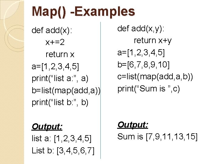 Map() -Examples def add(x): x+=2 return x a=[1, 2, 3, 4, 5] print(“list a: