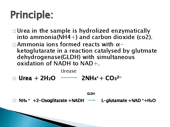 Principle: � Urea in the sample is hydrolized enzymatically into ammonia(NH 4+) and carbon
