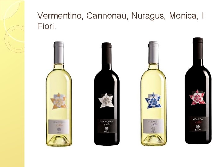 Vermentino, Cannonau, Nuragus, Monica, I Fiori. 