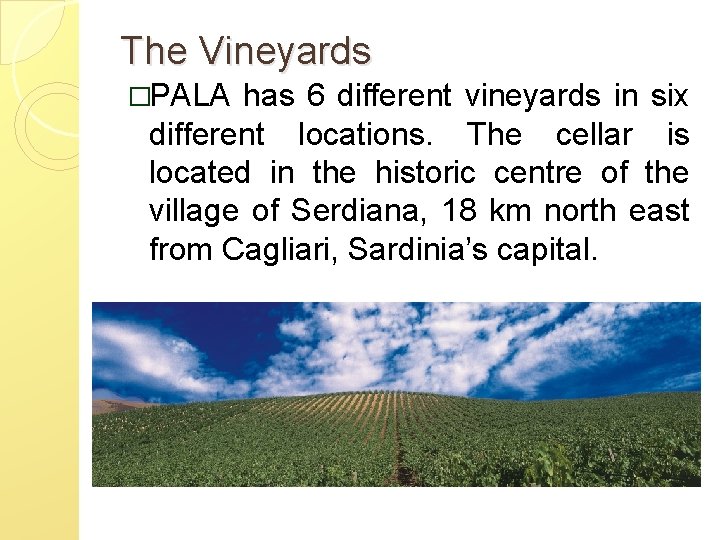 The Vineyards �PALA has 6 different vineyards in six different locations. The cellar is