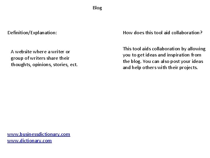 Blog Definition/Explanation: A website where a writer or group of writers share their thoughts,