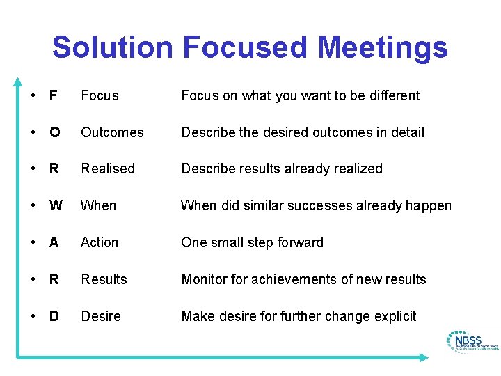 Solution Focused Meetings • F Focus on what you want to be different •