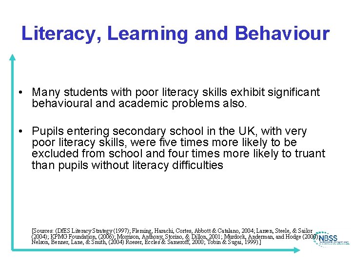 Literacy, Learning and Behaviour • Many students with poor literacy skills exhibit significant behavioural