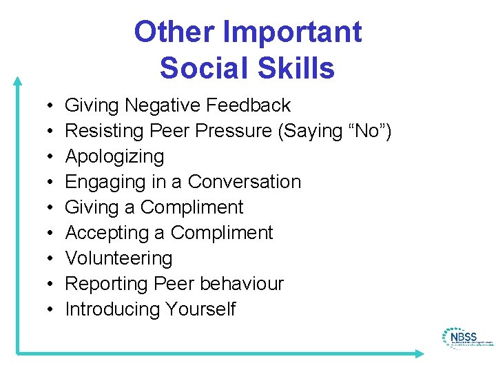 Other Important Social Skills • • • Giving Negative Feedback Resisting Peer Pressure (Saying