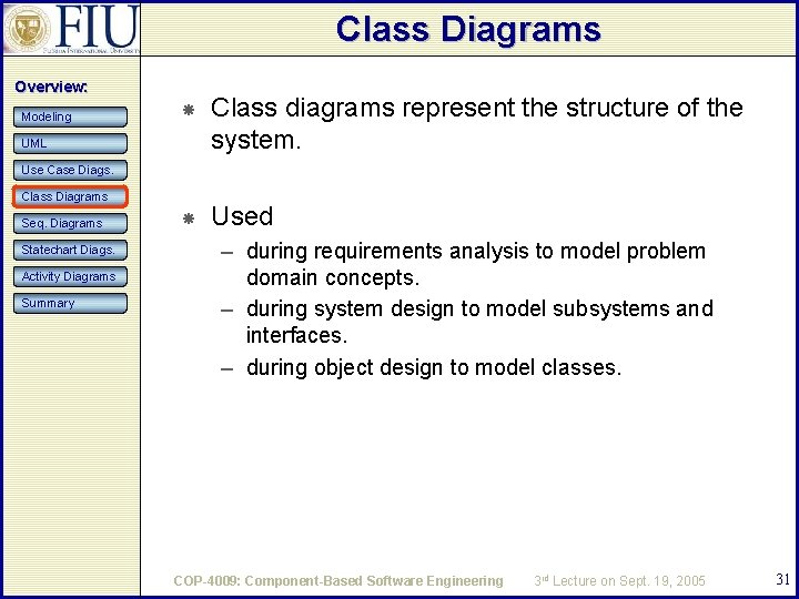 Class Diagrams Overview: Modeling Class diagrams represent the structure of the system. Used UML Class Diagrams Overview: Modeling Class diagrams represent the structure of the system. Used UML