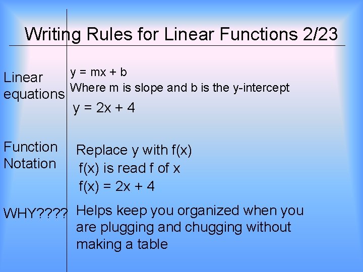 Writing Rules for Linear Functions 2/23 y = mx + b Linear Where m