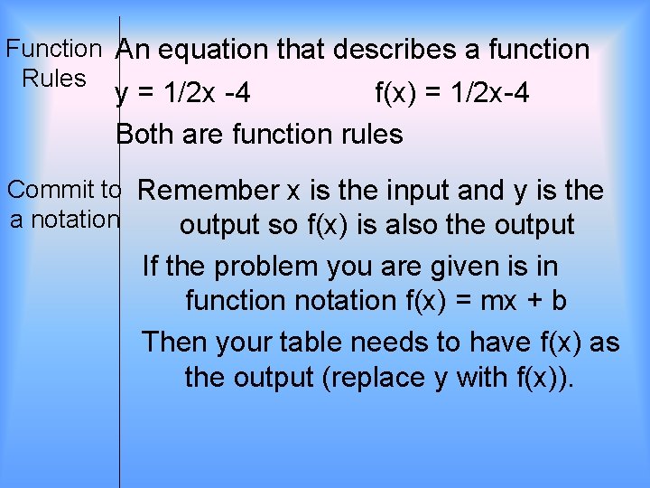 Function An equation that describes a function Rules y = 1/2 x -4 f(x)