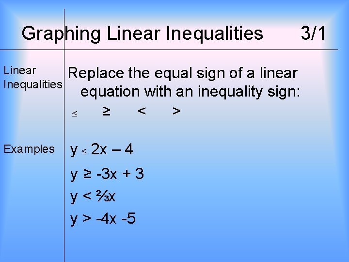 Graphing Linear Inequalities Replace the equal sign of a linear equation with an inequality