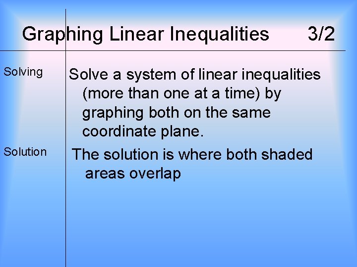 Graphing Linear Inequalities Solving Solution 3/2 Solve a system of linear inequalities (more than