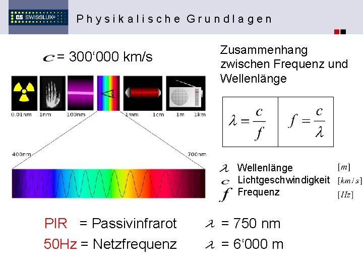 Physikalische Grundlagen = 300‘ 000 km/s Zusammenhang zwischen Frequenz und Wellenlänge Lichtgeschwindigkeit Frequenz PIR