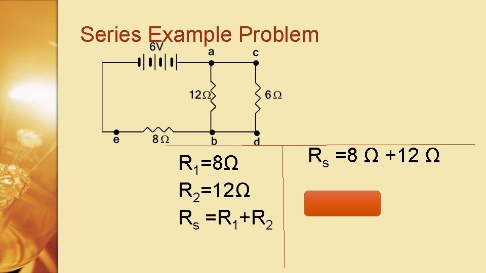 Series Example Problem R 1=8Ω R 2=12Ω Rs =R 1+R 2 Rs =8 Ω