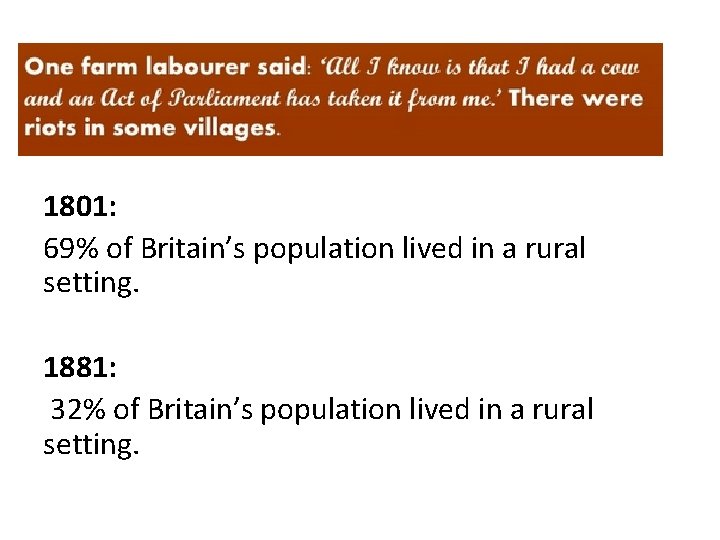 1801: 69% of Britain’s population lived in a rural setting. 1881: 32% of Britain’s