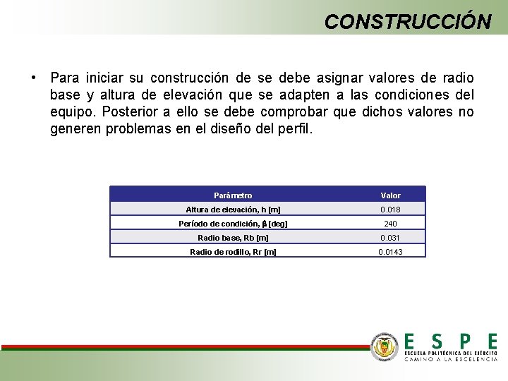 CONSTRUCCIÓN • Para iniciar su construcción de se debe asignar valores de radio base
