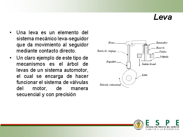 Leva • Una leva es un elemento del sistema mecánico leva-seguidor que da movimiento