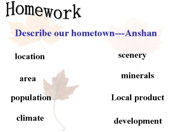 Describe our hometown---Anshan location area scenery minerals population Local product climate development 