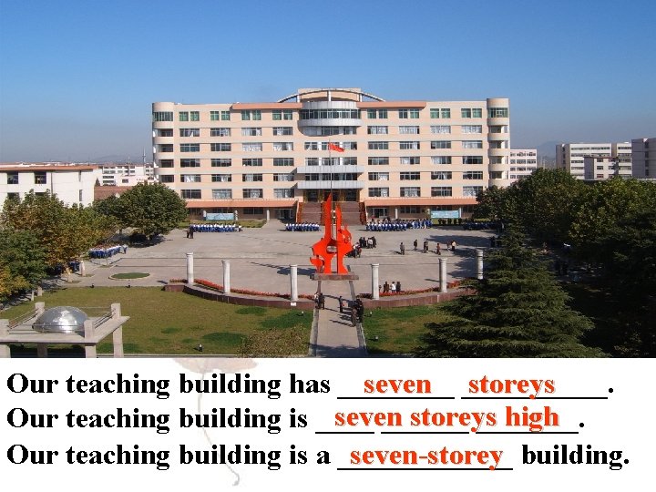 Our teaching building has ____ seven _____. storeys seven storeys high Our teaching building