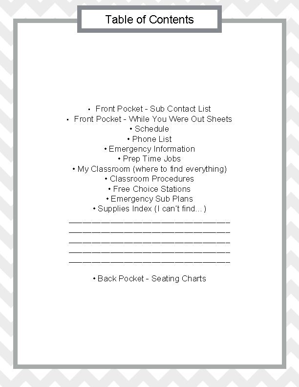 Table of Contents Front Pocket - Sub Contact List • Front Pocket - While