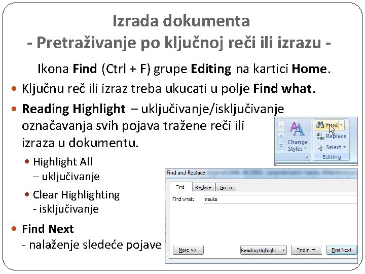 Izrada dokumenta - Pretraživanje po ključnoj reči ili izrazu Ikona Find (Ctrl + F)