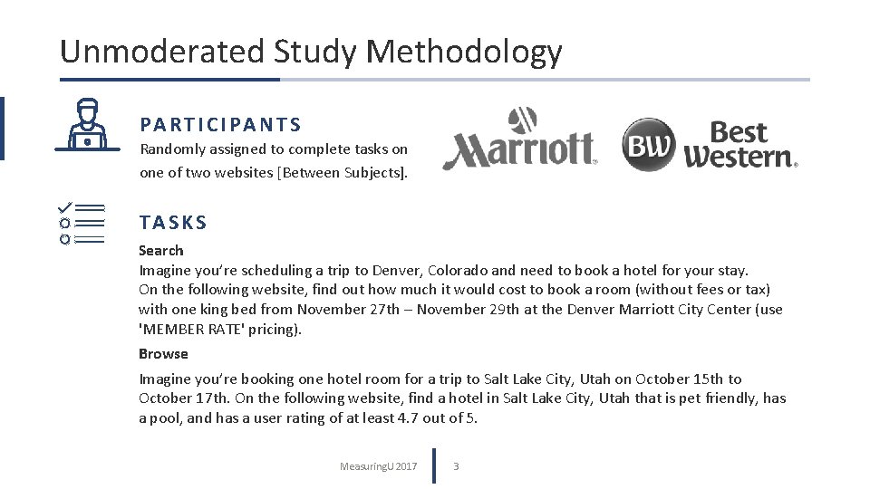 Unmoderated Study Methodology PARTICIPANTS Randomly assigned to complete tasks on one of two websites