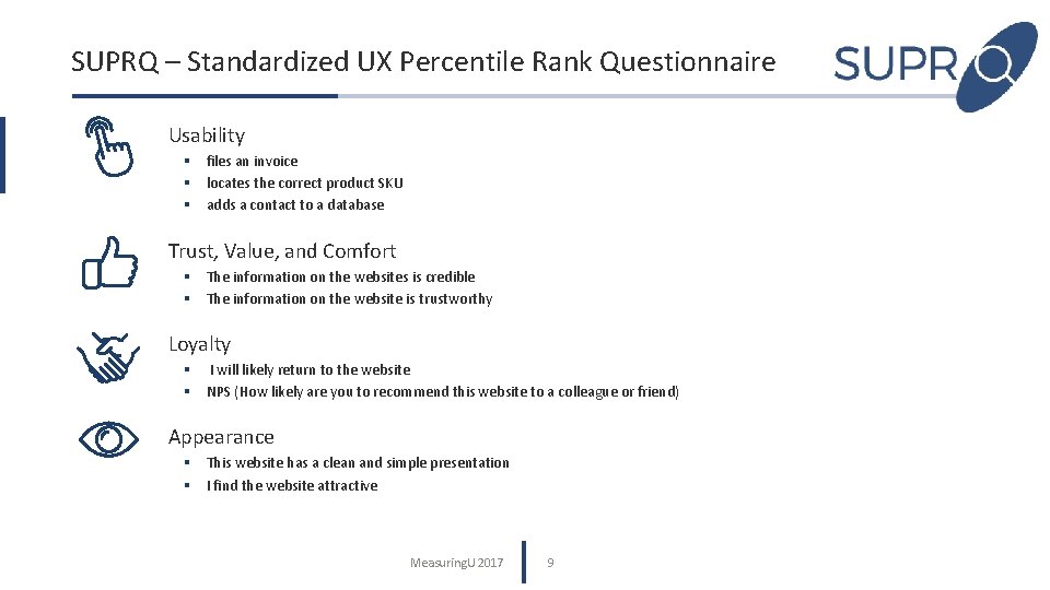 SUPRQ – Standardized UX Percentile Rank Questionnaire Usability § files an invoice § locates