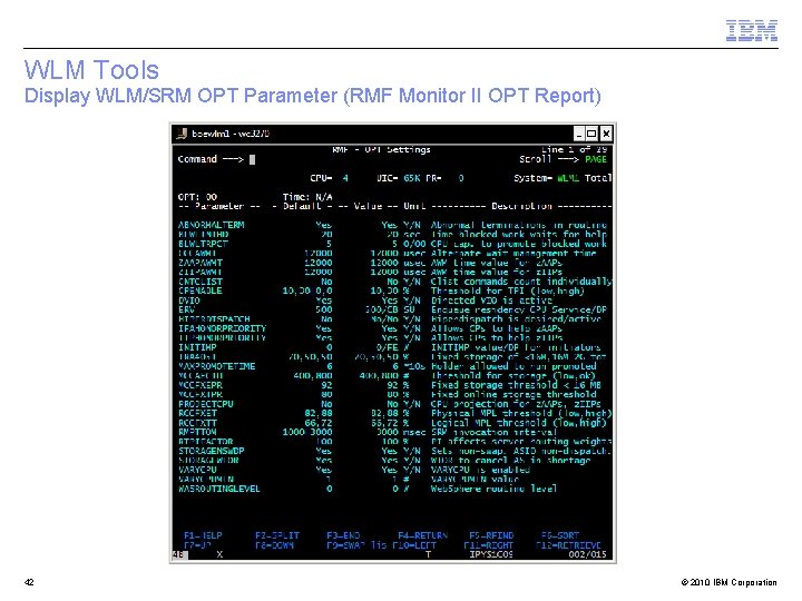 WLM Tools Display WLM/SRM OPT Parameter (RMF Monitor II OPT Report) 42 © 2010