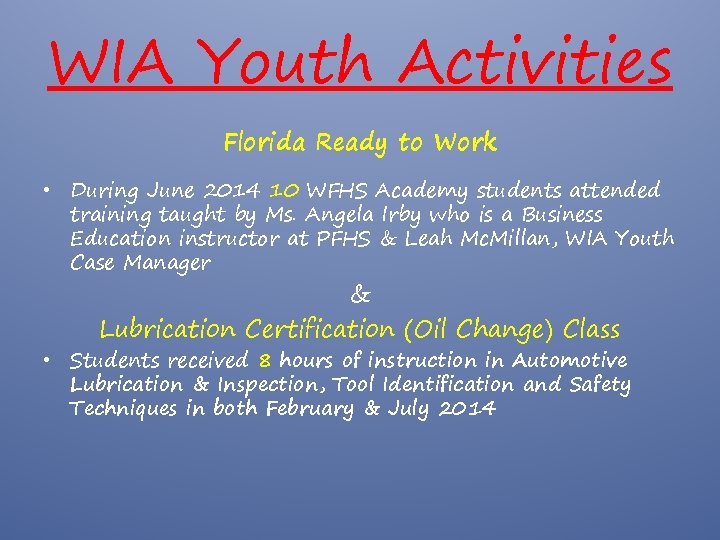 WIA Youth Activities Florida Ready to Work • During June 2014 10 WFHS Academy