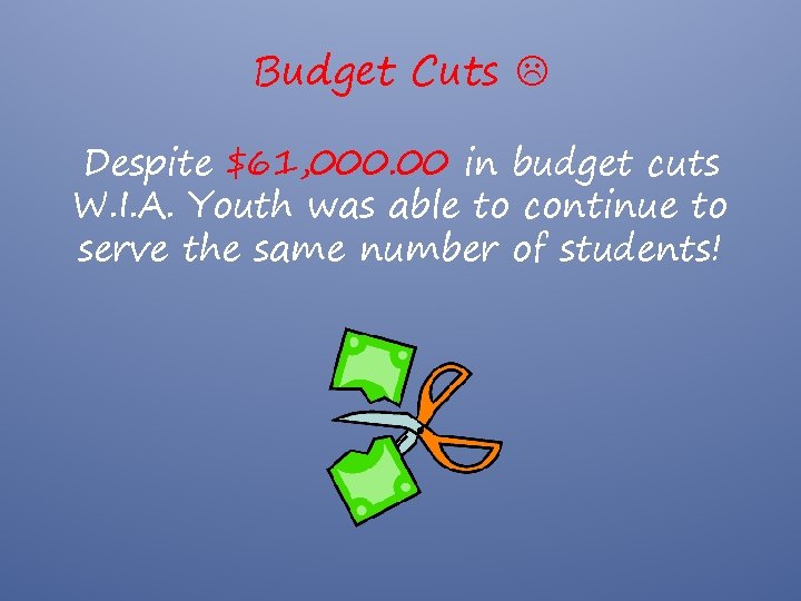 Budget Cuts Despite $61, 000. 00 in budget cuts W. I. A. Youth was