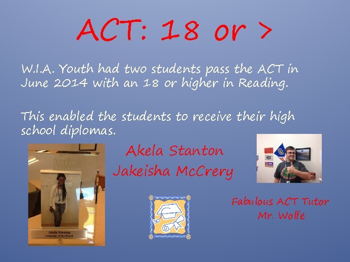 ACT: 18 or > W. I. A. Youth had two students pass the ACT