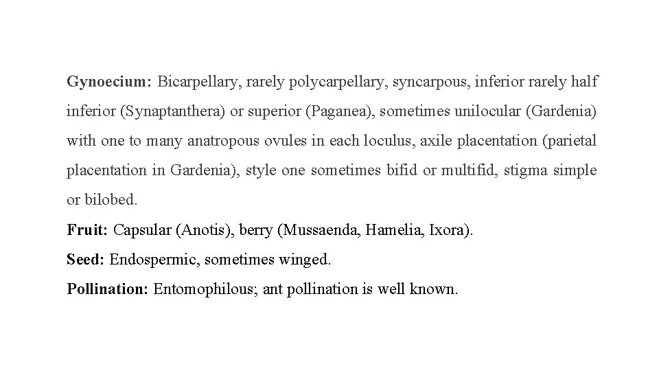 Gynoecium: Bicarpellary, rarely polycarpellary, syncarpous, inferior rarely half inferior (Synaptanthera) or superior (Paganea), sometimes