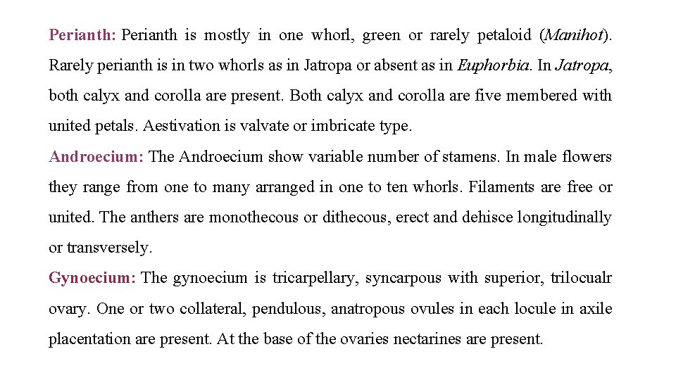 Perianth: Perianth is mostly in one whorl, green or rarely petaloid (Manihot). Rarely perianth