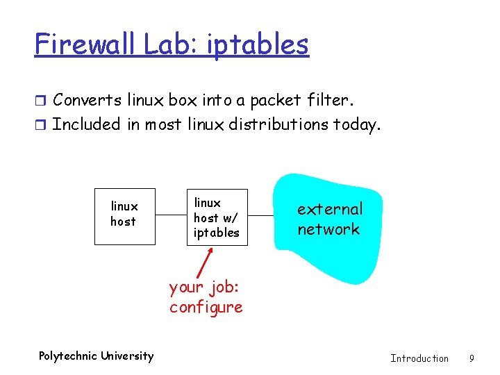 Firewall Lab: iptables r Converts linux box into a packet filter. r Included in