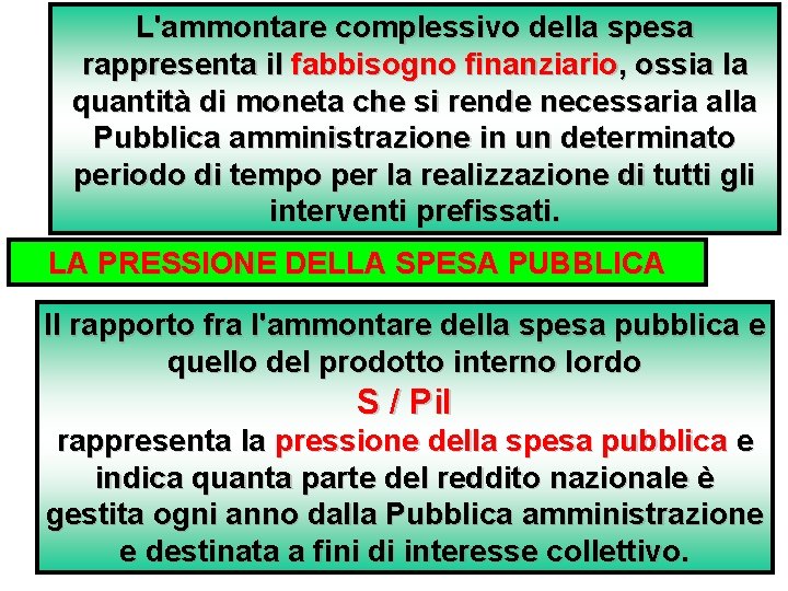 L'ammontare complessivo della spesa rappresenta il fabbisogno finanziario, ossia la quantità di moneta che