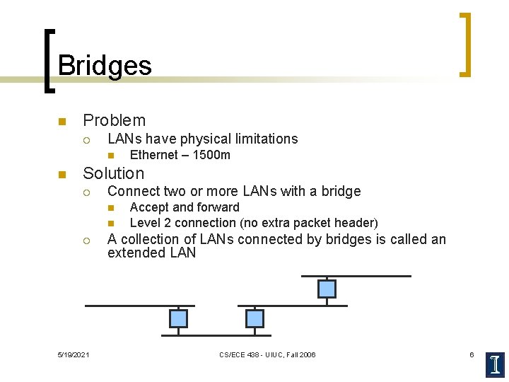 Bridges n Problem ¡ LANs have physical limitations n n Ethernet – 1500 m