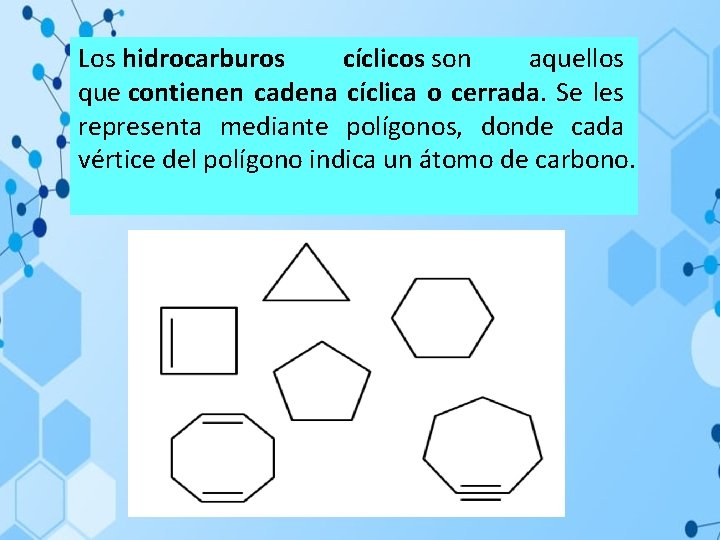 Los hidrocarburos cíclicos son aquellos que contienen cadena cíclica o cerrada. Se les representa