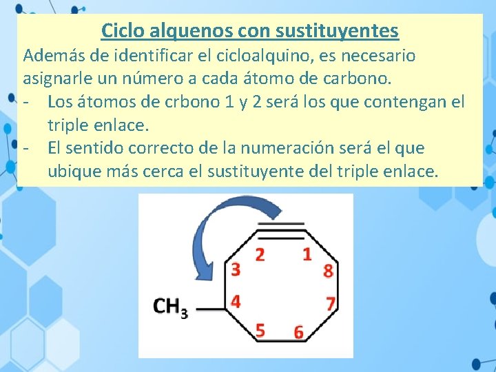 Ciclo alquenos con sustituyentes Además de identificar el cicloalquino, es necesario asignarle un número