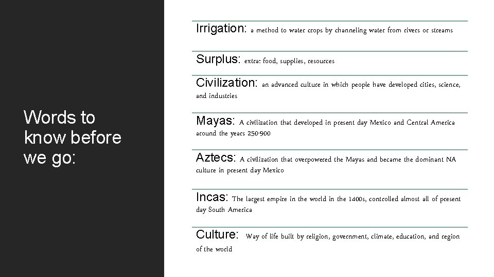 Irrigation: a method to water crops by channeling water from rivers or streams Surplus: