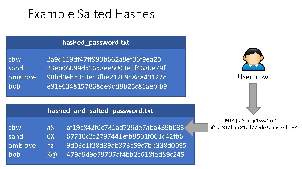 Example Salted Hashes hashed_password. txt cbw sandi amislove bob 2 a 9 d 119