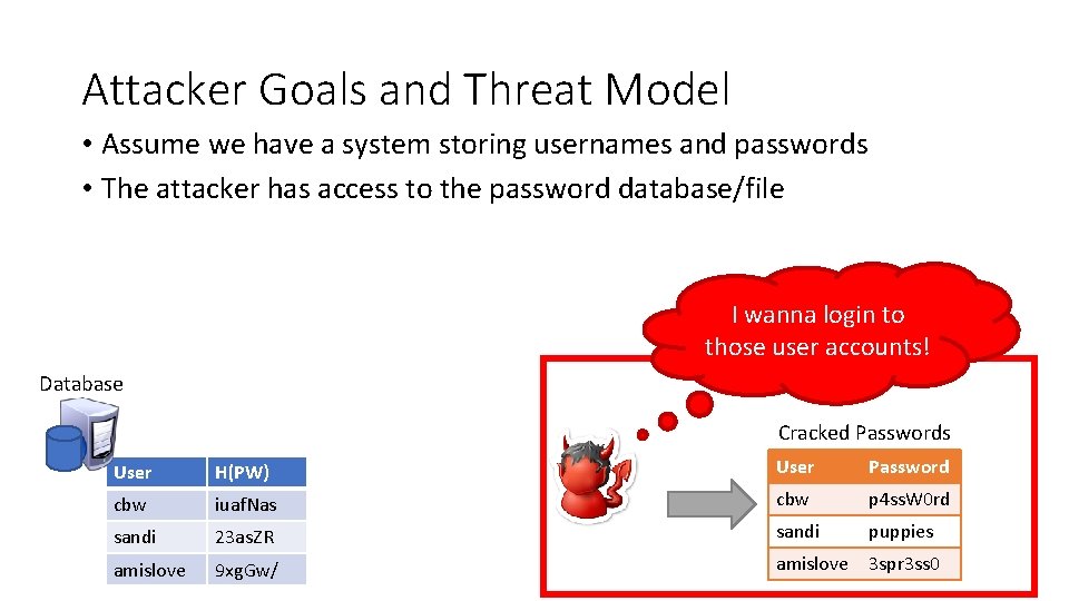 Attacker Goals and Threat Model • Assume we have a system storing usernames and