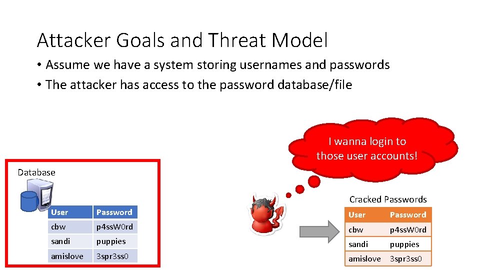 Attacker Goals and Threat Model • Assume we have a system storing usernames and