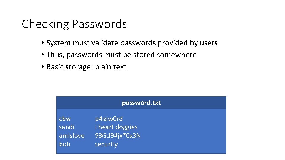 Checking Passwords • System must validate passwords provided by users • Thus, passwords must