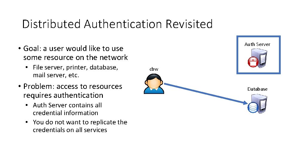 Distributed Authentication Revisited Auth Server • Goal: a user would like to use some