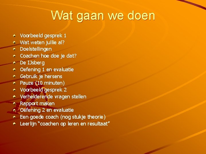 Wat gaan we doen Voorbeeld gesprek 1 Wat weten jullie al? Doelstellingen Coachen hoe