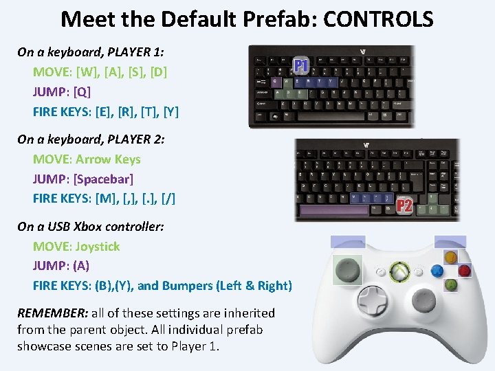 Meet the Default Prefab: CONTROLS On a keyboard, PLAYER 1: MOVE: [W], [A], [S],