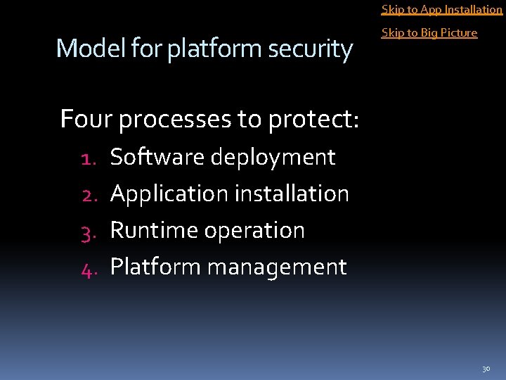 Skip to App Installation Model for platform security Skip to Big Picture Four processes